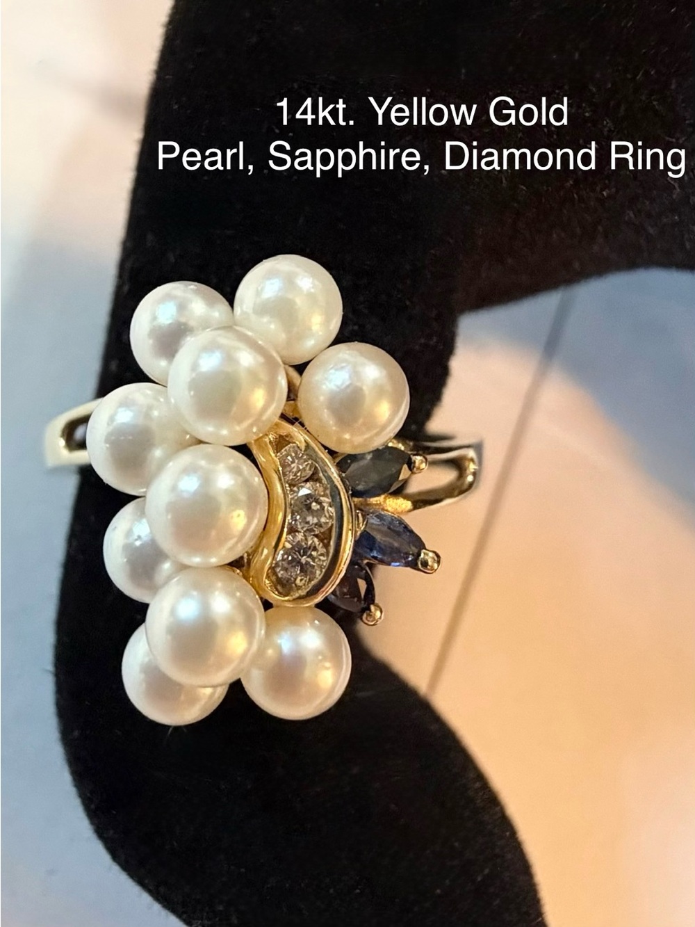 Vintage Estate 14K Yellow Gold Pearl, Sapphire & Diamond‎ Cluster Ring